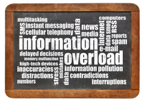 information overload concept - word cloud on a vintage slate blackboard